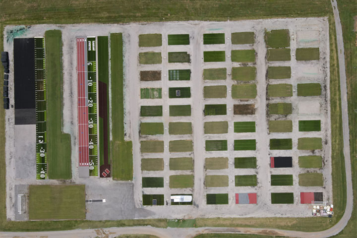 Drone image of turfgrass research plots.